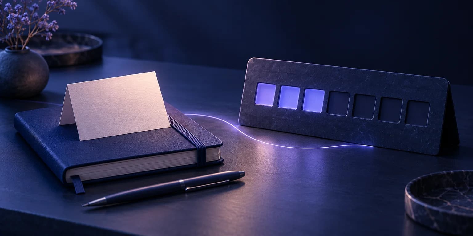 A Private Check-In A blank note rests on a blue journal beside a pen and a seven-slot planner, connected by a lavender light trail.