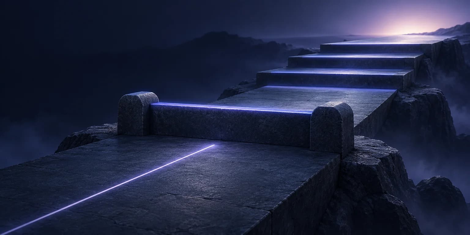 A Pause Along the Path A low stone barrier pauses a lavender-lit walkway, with shallow steps continuing toward a softly lit horizon.