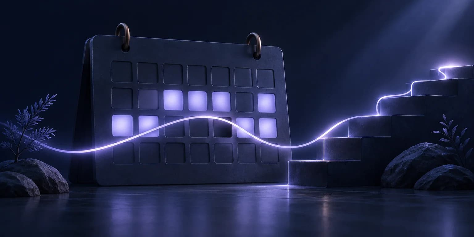 Progress Beyond the Streak A calendar with lit and unlit squares beside a continuous glowing path leading onto steps.