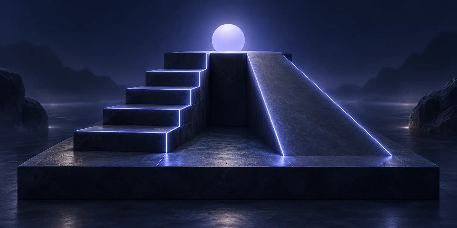 Two Approaches to Changing a Habit Indigo-lit steps and a smooth ramp offer two routes to the same raised platform.