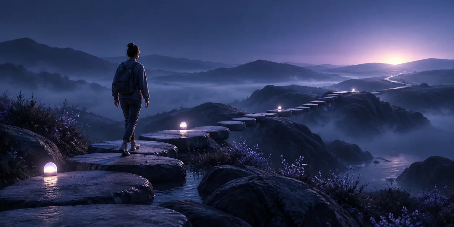 Progress at Your Own Pace A person follows stepping stones through a misty blue landscape toward a softly lit horizon.