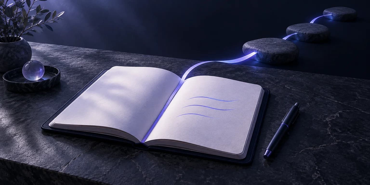 A Small Space for Honest Reflection An open notebook with three indigo strokes and a pen, with a glowing path leading toward stepping stones.