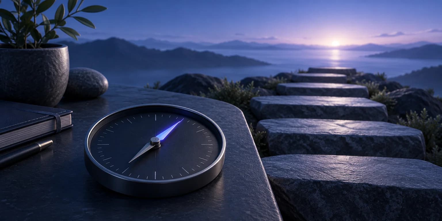Choose Your Own Direction A glowing compass beside stone steps leading toward a calm horizon.