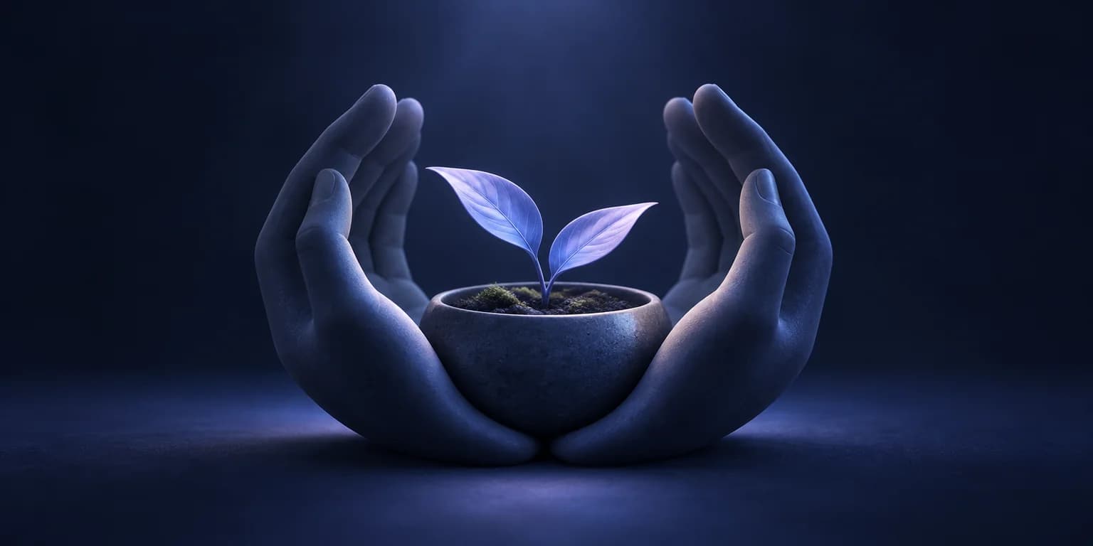Room for Self-Compassion Cupped blue ceramic hands shelter a small plant with softly glowing lavender leaves.