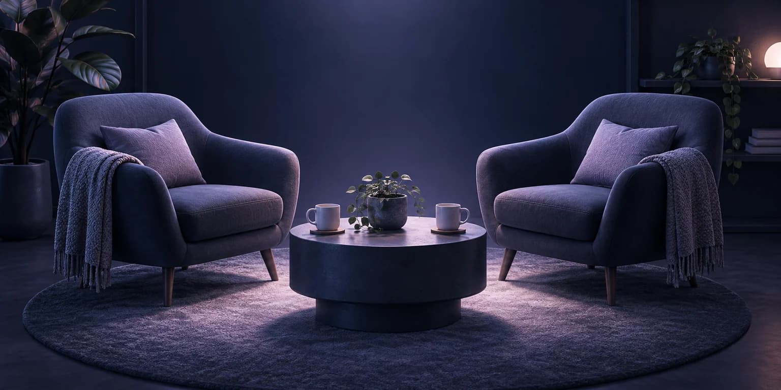 Space for a Supportive Conversation Two blue armchairs face a small table with two mugs in a softly lit private room.