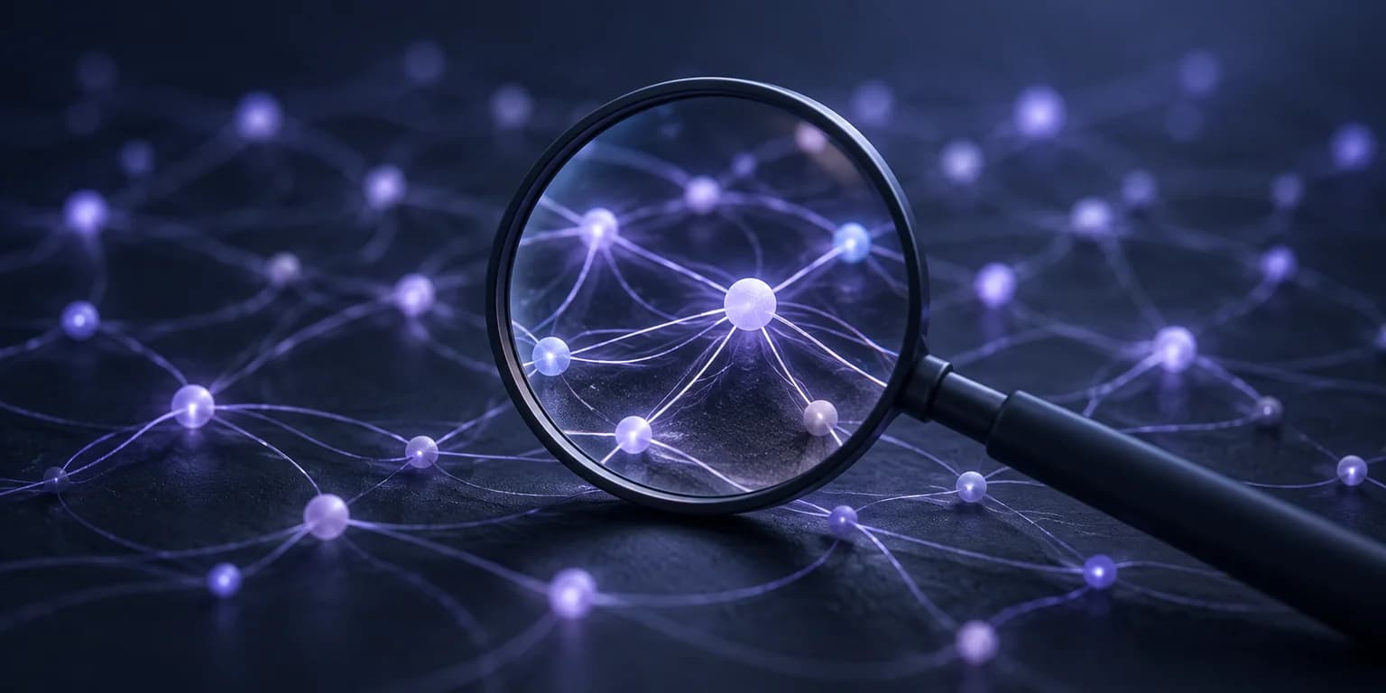 A Closer Look at Habit Patterns A magnifying glass brings part of a network of lavender threads and glowing nodes into focus.