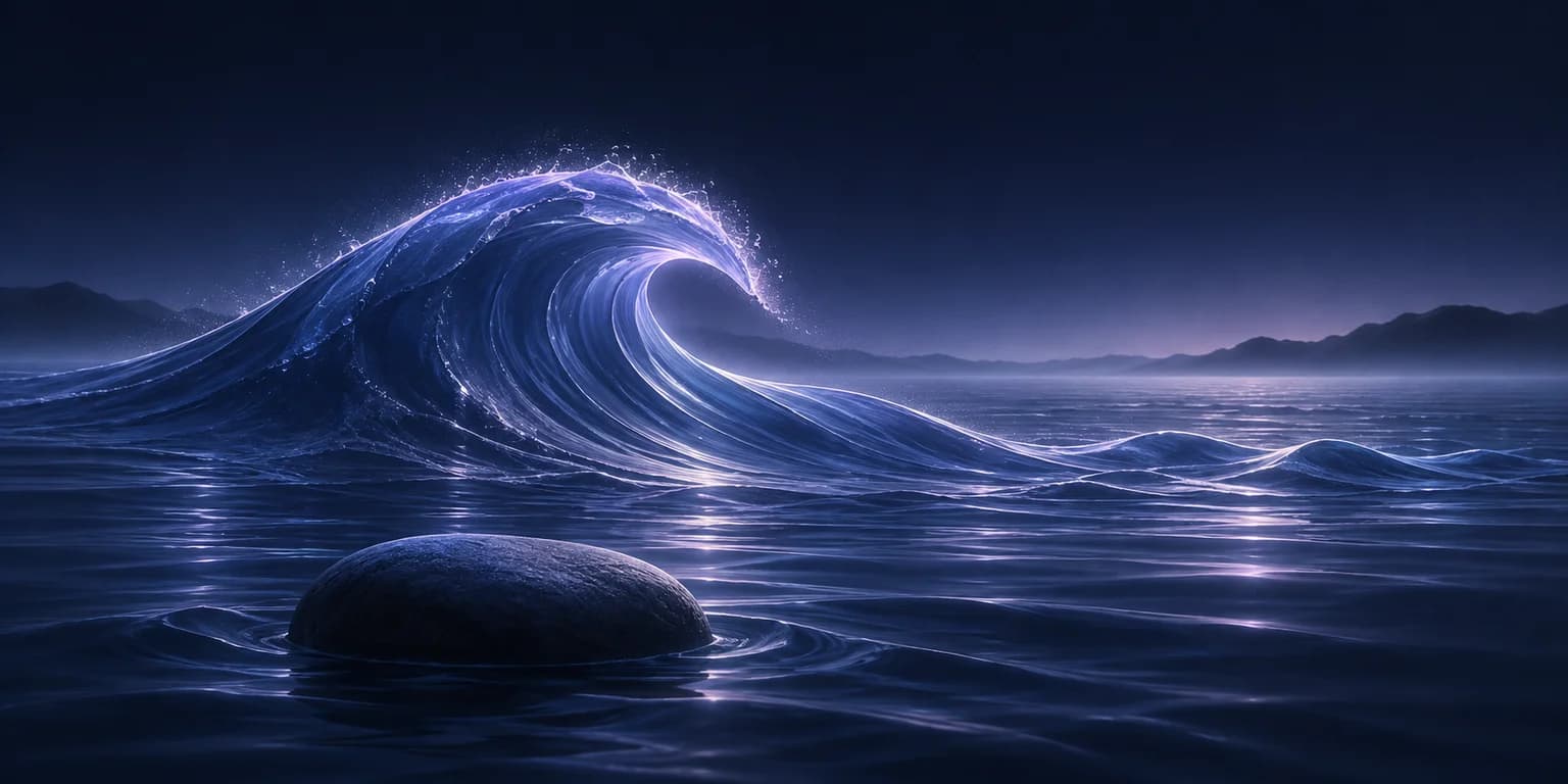 Observe the Wave A luminous indigo wave curls above dark water, with a smooth stone in the foreground and softer ripples beyond.