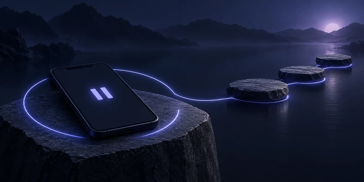 A Pause in the Habit Loop A phone displays a glowing pause symbol beside a light trail that opens toward stepping stones.