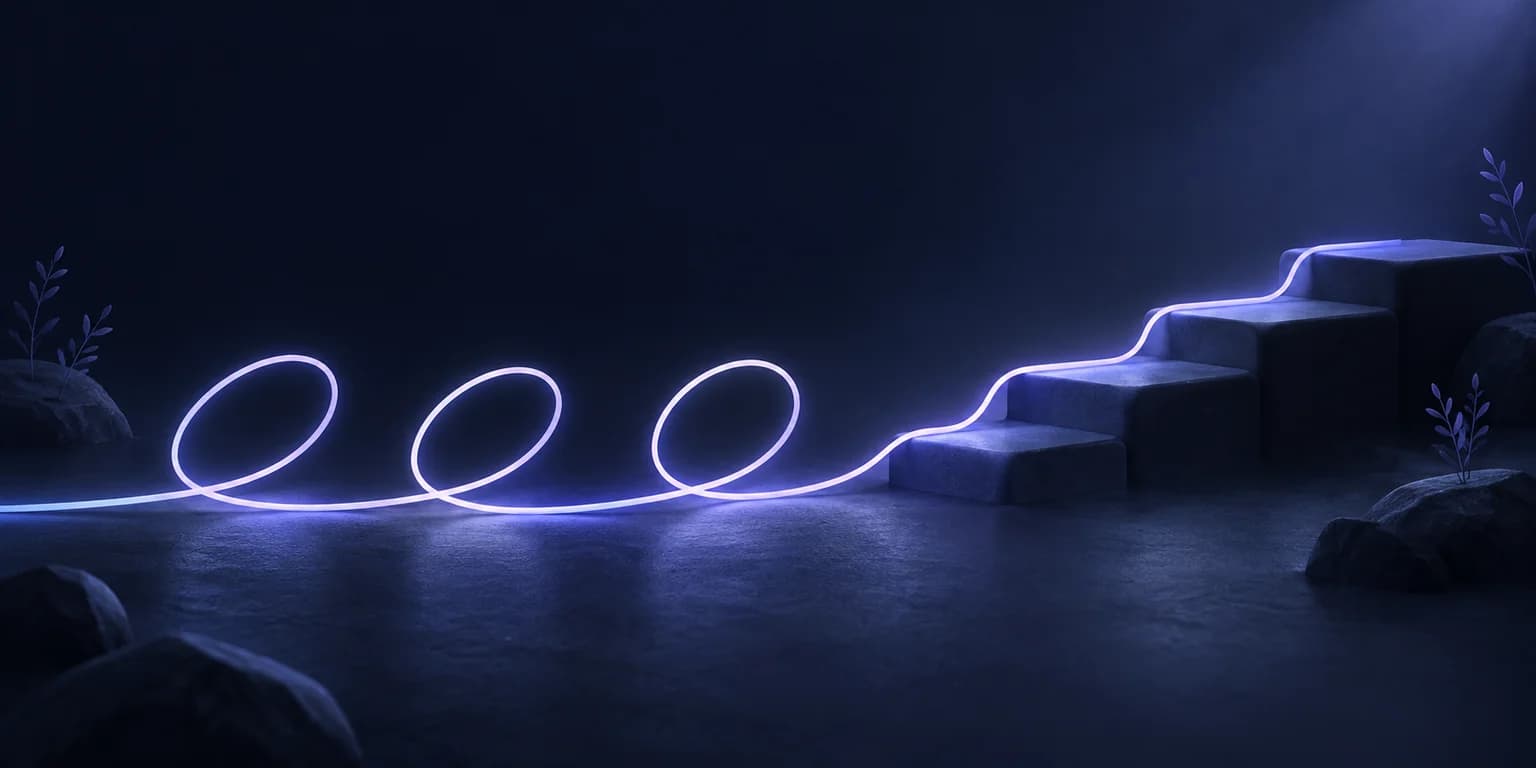 Find a Way Forward After Setbacks A glowing path passes through repeated loops before continuing onto a series of shallow steps.