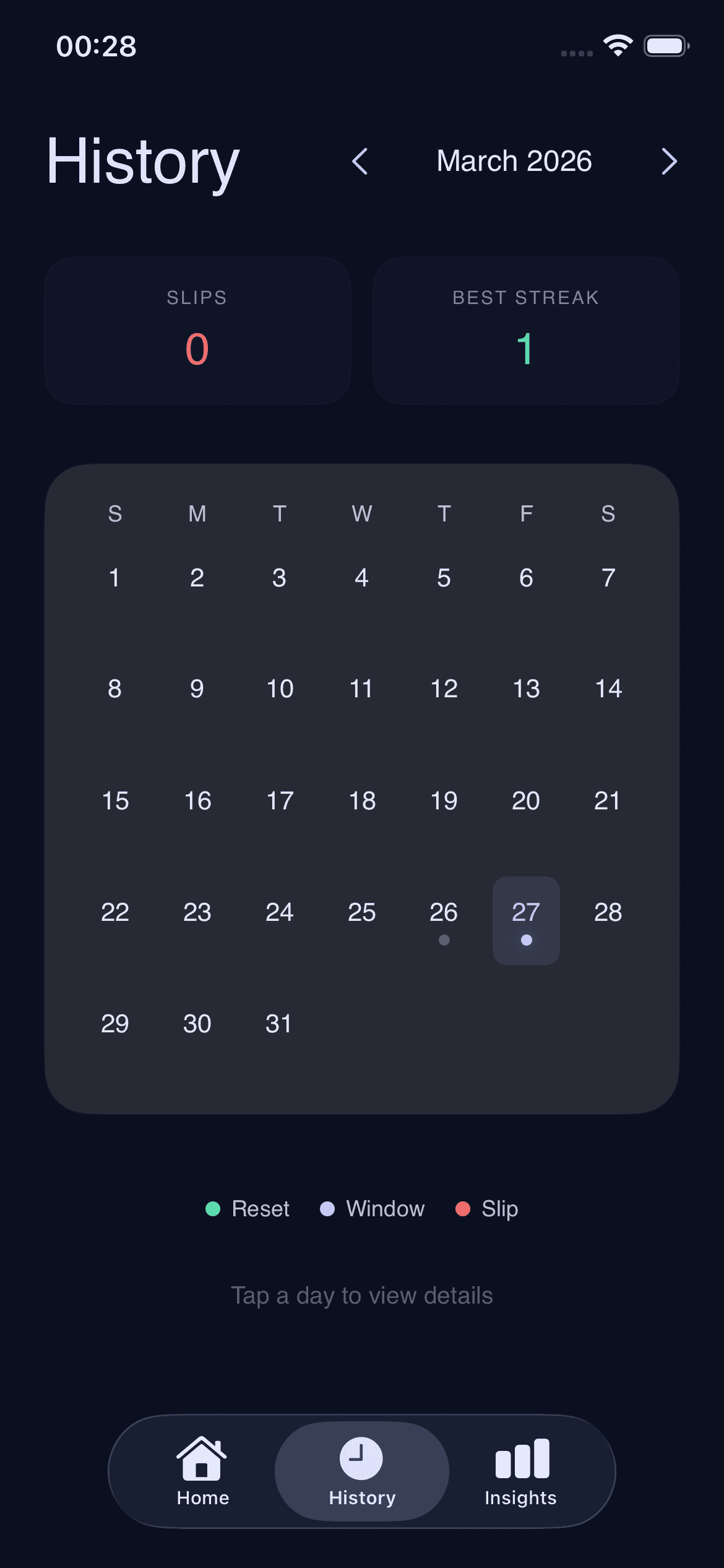 Reset Ladder app history screen showing slip log and progress over time
